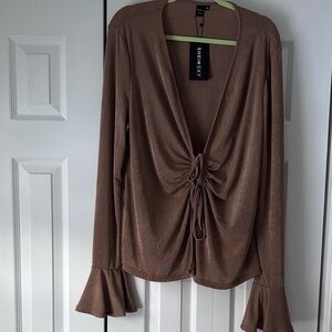 SHEIN Brown Tie-Front Bell Sleeve Blouse